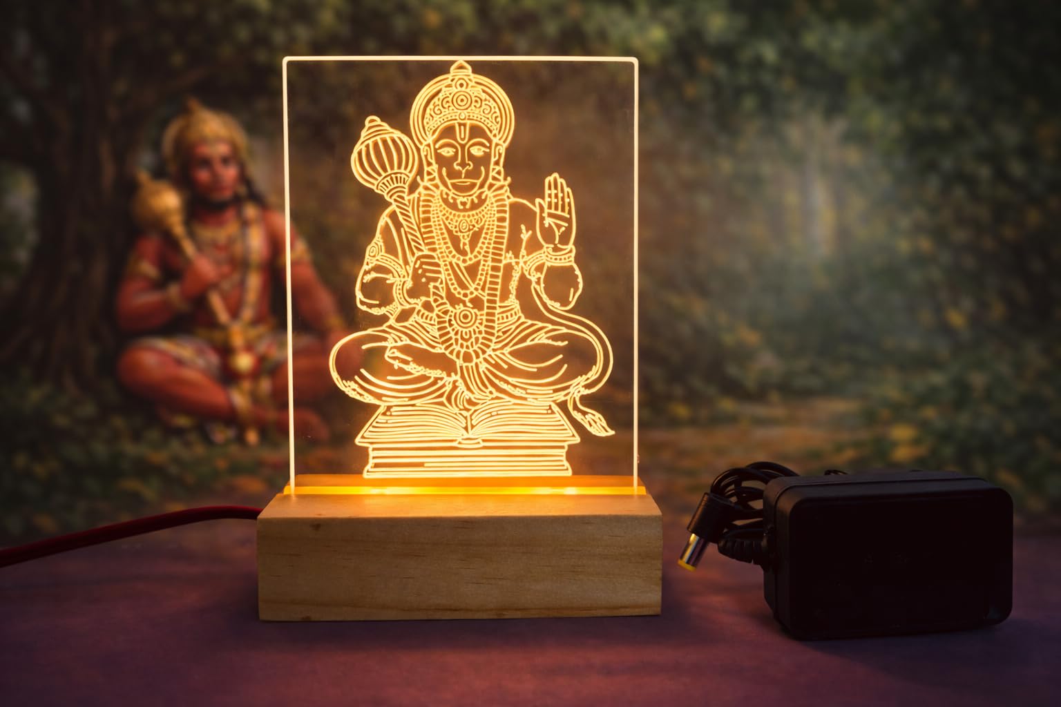 Buy Hanuman ji LED Night Lamp with Wooden Base, Religious Decor